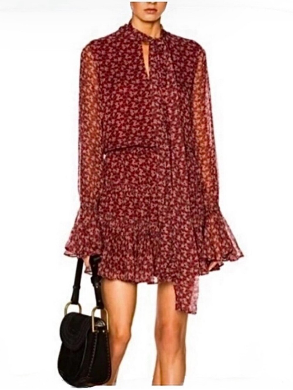Alexis Tie-Neck Mini Dress Elida Red Printed Silk Size L Bell Sleeve Boho